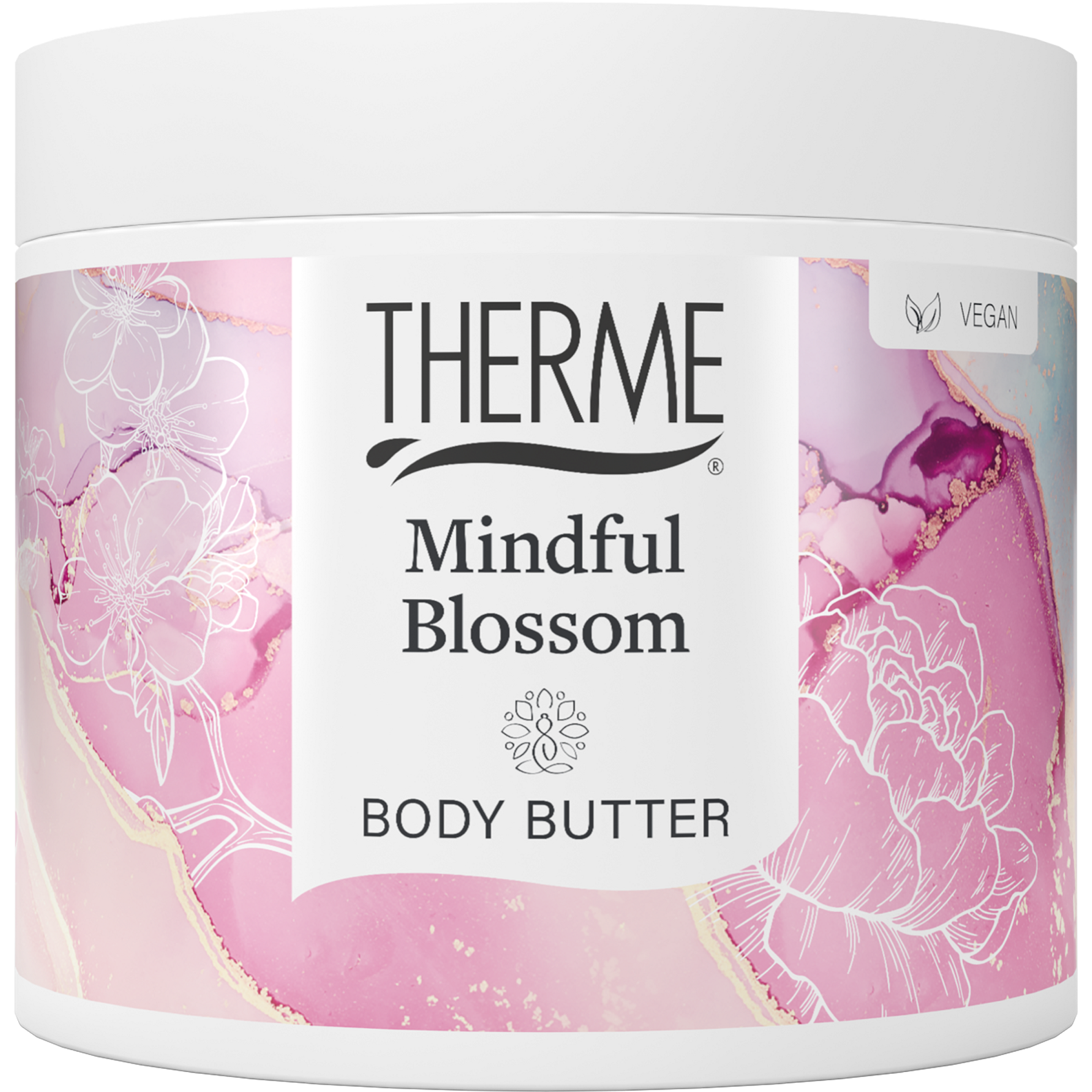 Therme Mindful Blossom Body Butter 225g jar with floral design, creamy texture, and soothing aroma for nourishing skin.