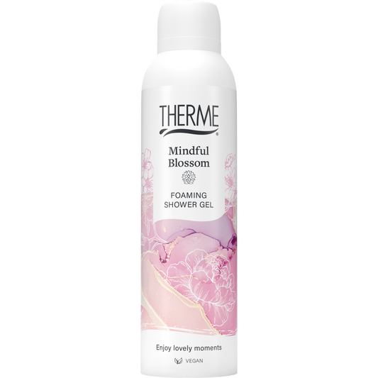 Therme Mindful Blossom foaming shower gel in 200ml bottle, gentle bath and shower product with floral scent, brand Therme.