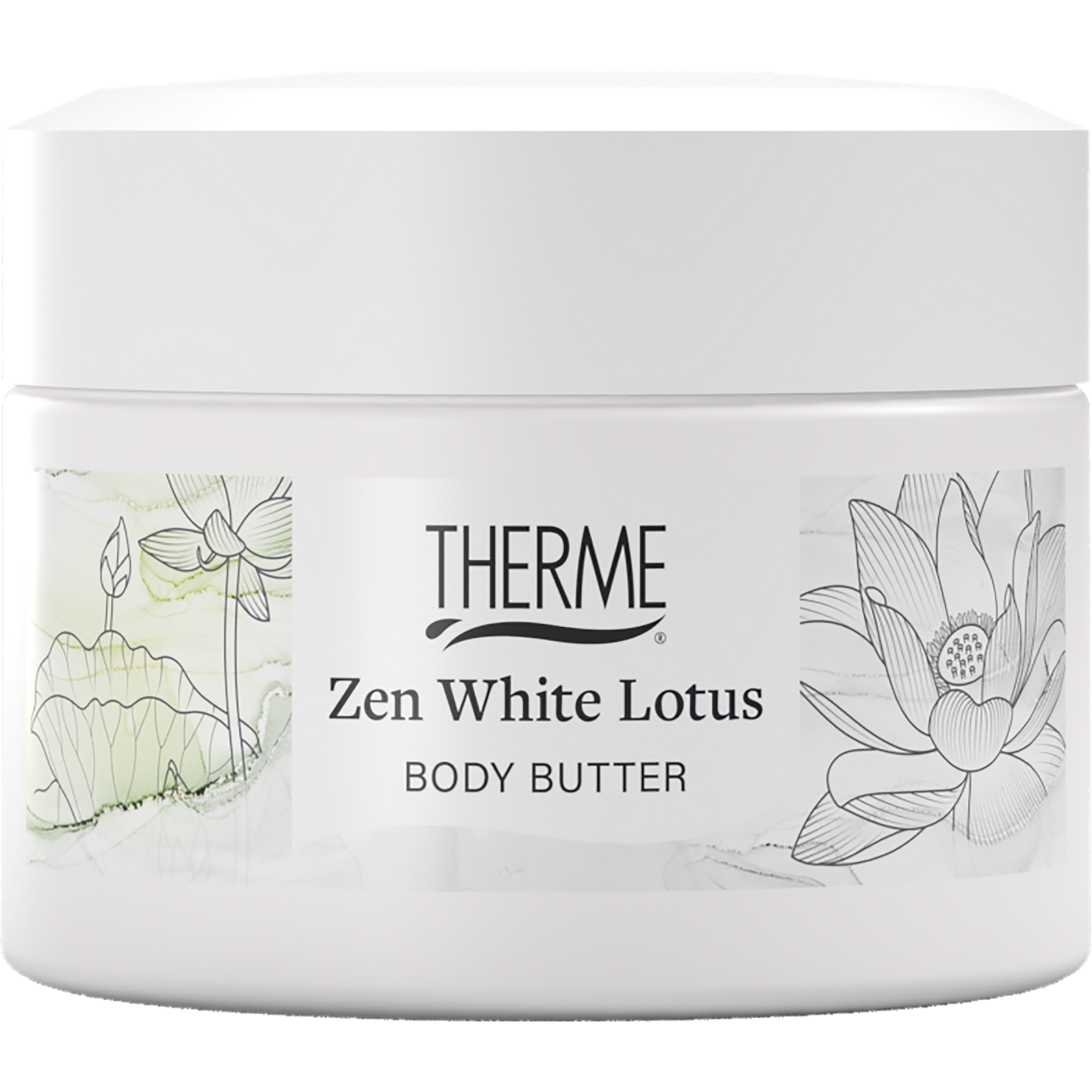 Therme Zen white lotus body butter 75g jar, creamy moisturizer for soft skin, with white lotus scent, in a white packaging container.