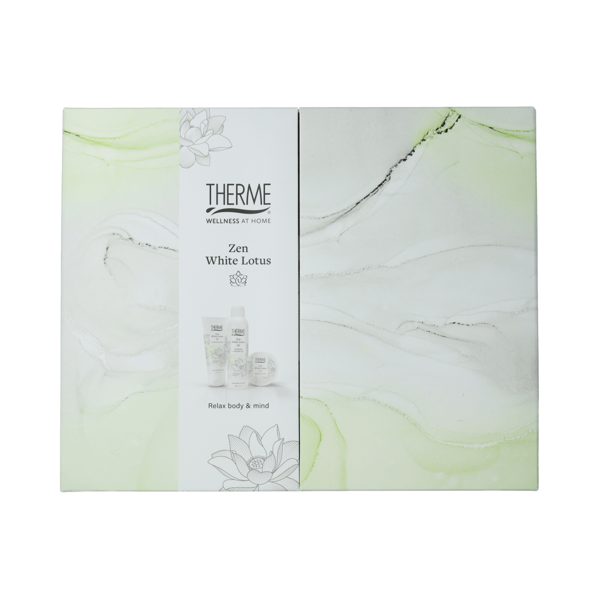 Therme lichaamsverzorging giftset Zen White Lotus with three products, featuring elegant packaging and white lotus floral design.