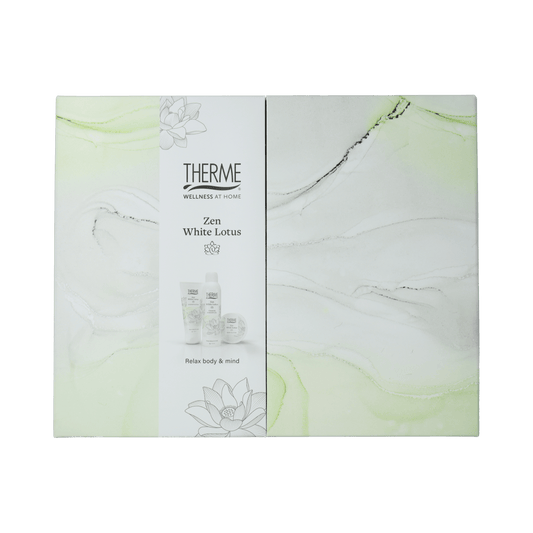 Therme lichaamsverzorging giftset Zen White Lotus with three products, featuring elegant packaging and white lotus floral design.