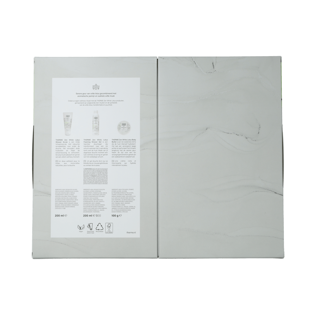 Therme Zen White Lotus body care gift set with three pieces, featuring soothing white lotus scent and skincare products.