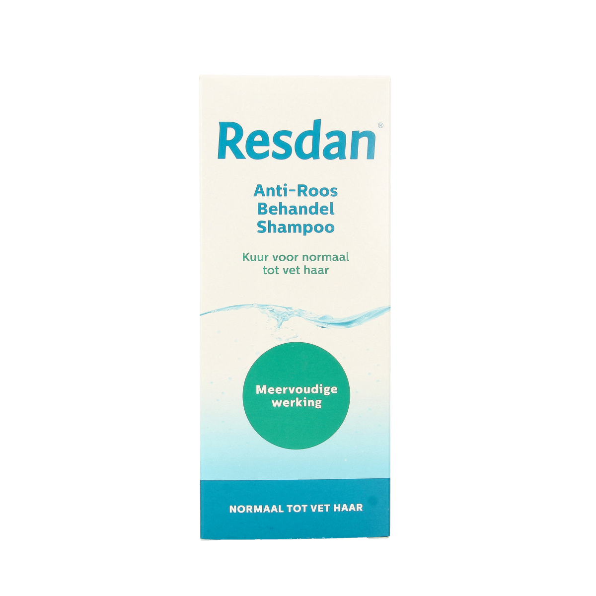 Resdan normal to greasy hair shampoo bottle, 125ml, for hair care, with white and green packaging and product label.
