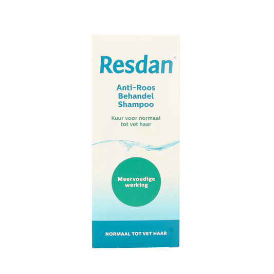 Resdan normal to greasy hair shampoo bottle, 125ml, for hair care, with white and green packaging and product label.