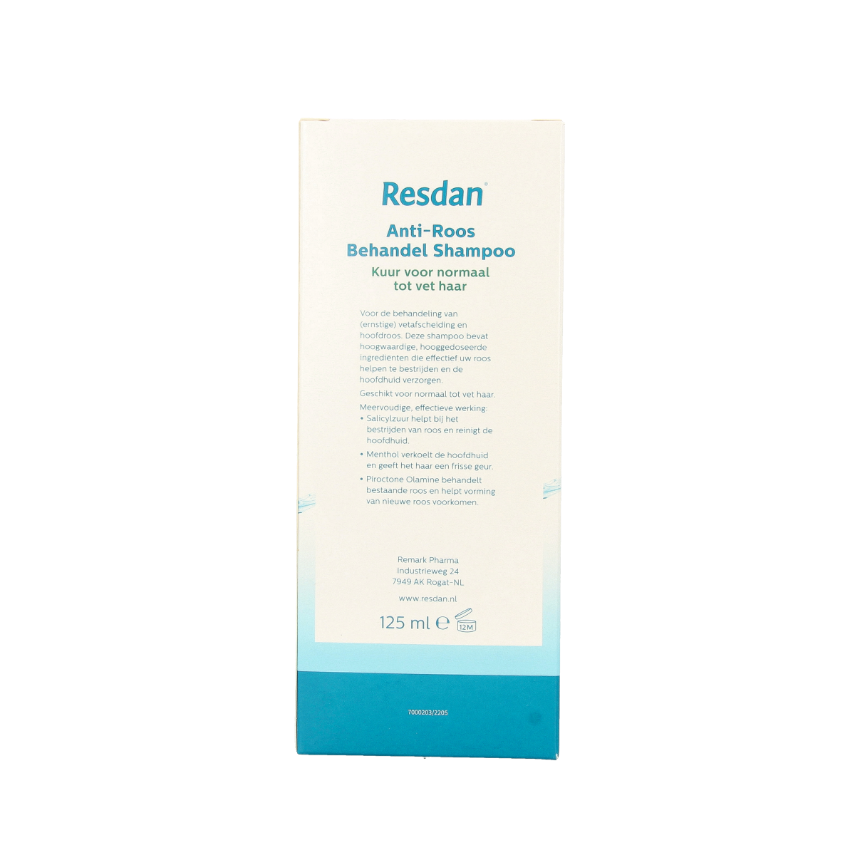 Resdan normal/oily hair shampoo bottle, 125ml, hair care product for balancing scalp and cleansing hair effectively.
