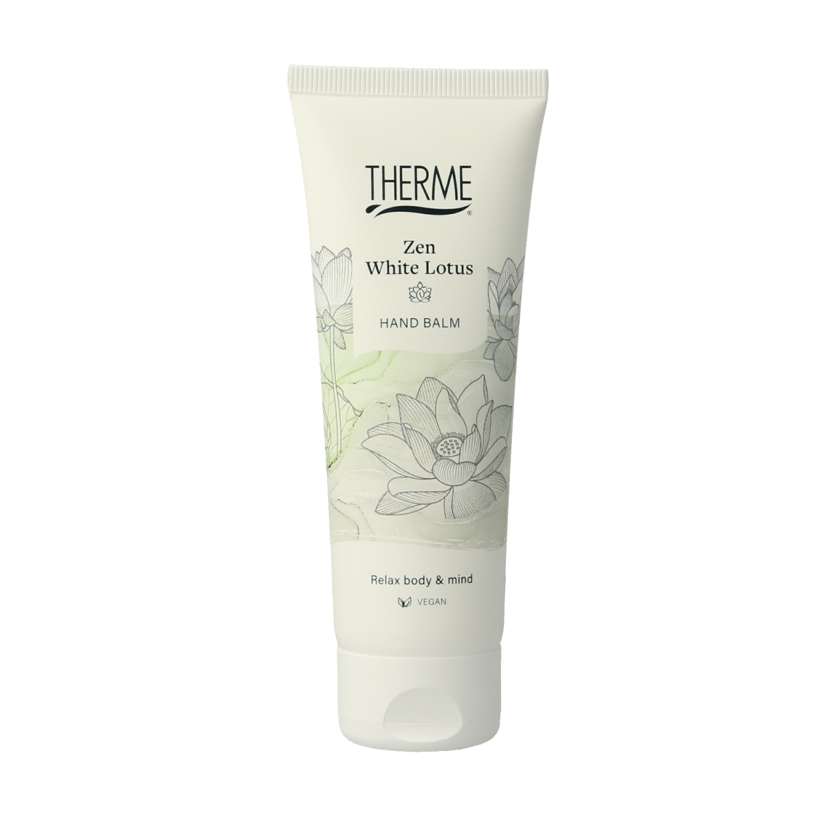 Therme Zen white lotus hand balm in 75ml container, hydrating hand care product with floral scent, suitable for nourishing hands.