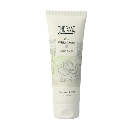 Therme Zen white lotus hand balm in 75ml container, hydrating hand care product with floral scent, suitable for nourishing hands.