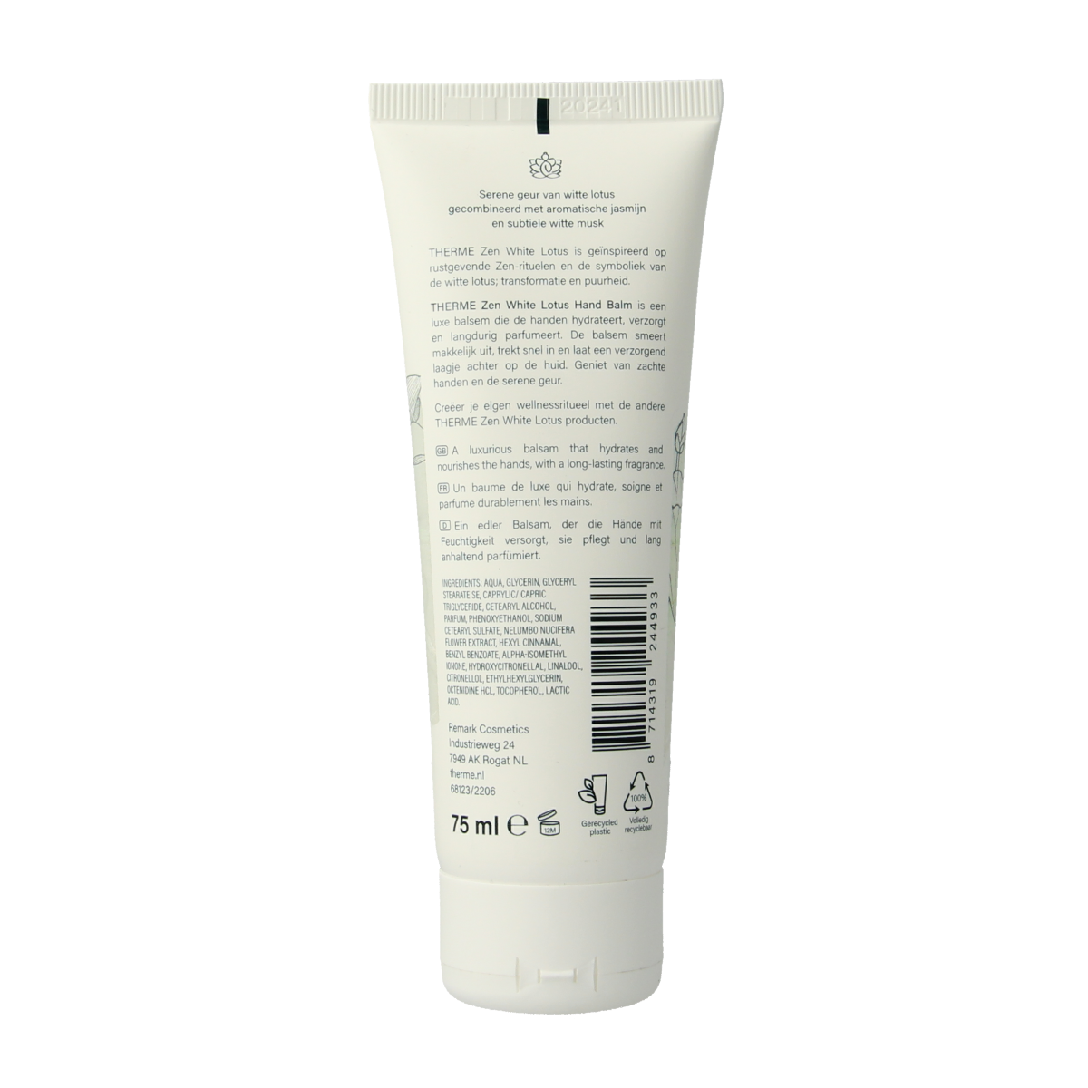 Therme Zen white lotus hand balm in 75ml container, moisturizing hand care product with white lotus scent.