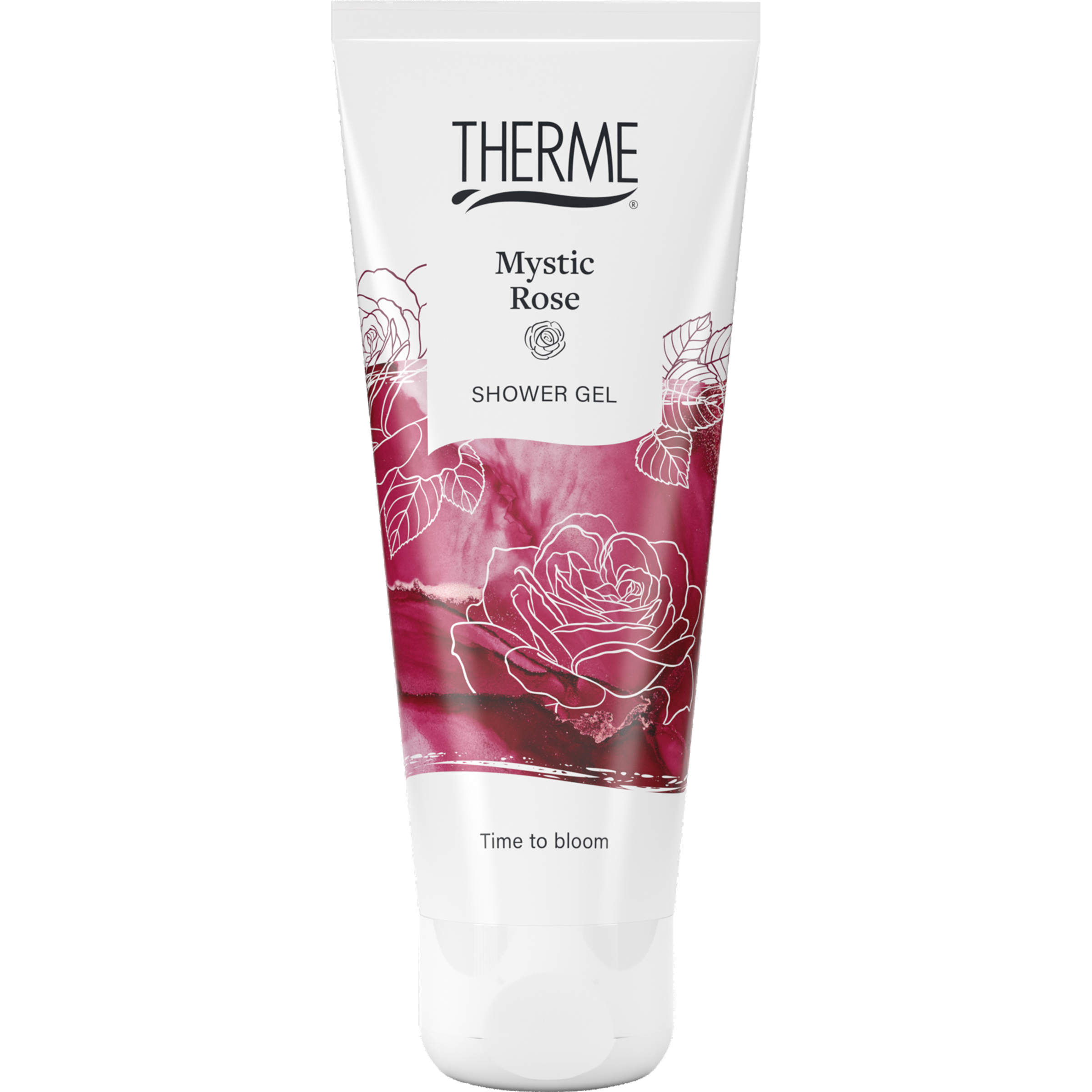 Therme Mystic Rose shower gel in 75ml bottle, featuring a sleek design and floral scent for refreshing bath and shower use.