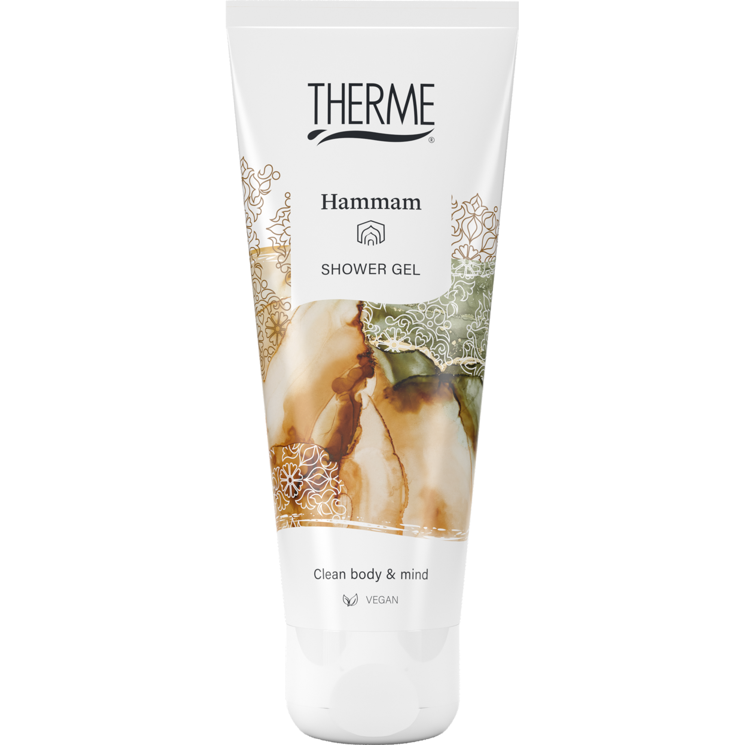 Therme Hammam shower gel 75ml in a clear bottle with a pump dispenser, featuring a soft, luxurious design.