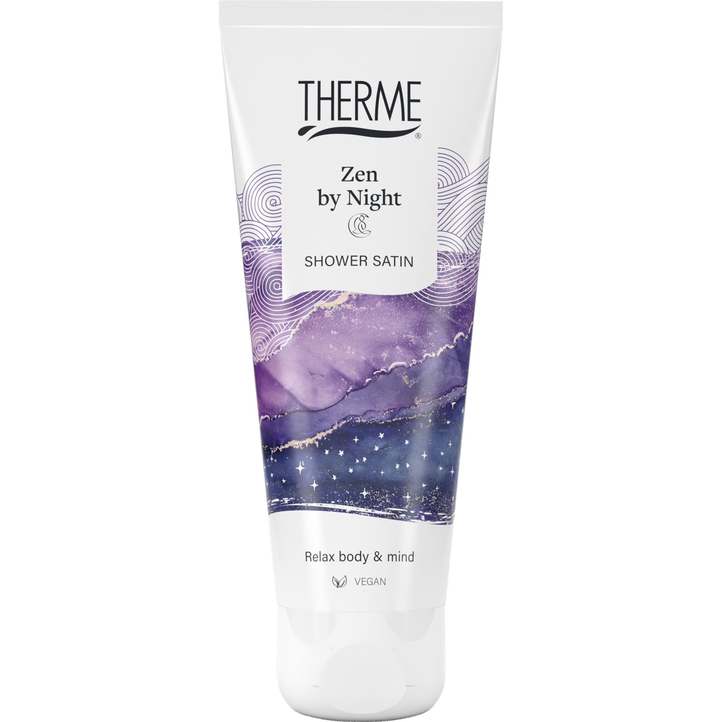 Therme Zen by Night shower satin lotion in 75ml bottle, smooth and soothing body moisturizer with elegant packaging.