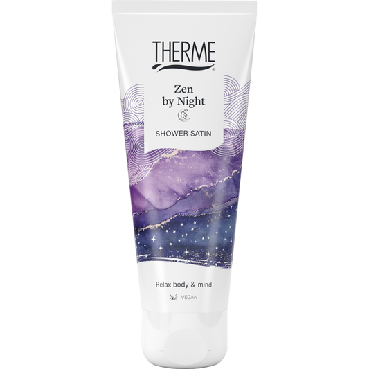Therme Zen by Night shower satin lotion in 75ml bottle, smooth and soothing body moisturizer with elegant packaging.