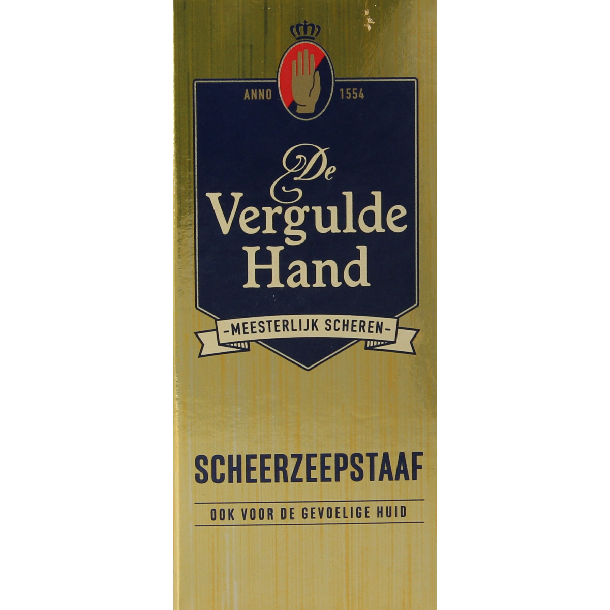 Vergulde Hand scheerzeepstaaf 75g, natural grooming product for shaving and hair removal, with packaging visible.