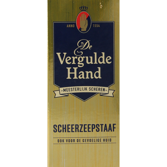 Vergulde Hand scheerzeepstaaf 75g, natural grooming product for shaving and hair removal, with packaging visible.