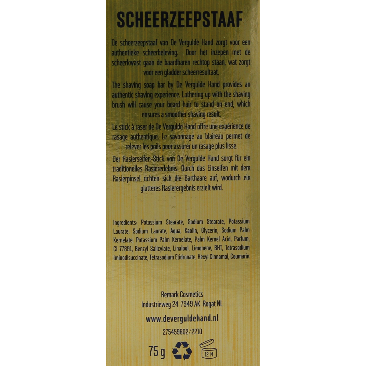 Vergulde Hand scheerzeepstaaf van 75g, natuurlijke scheer- en ontharingszeep met traditionele vorm en rijke schuimvorming.