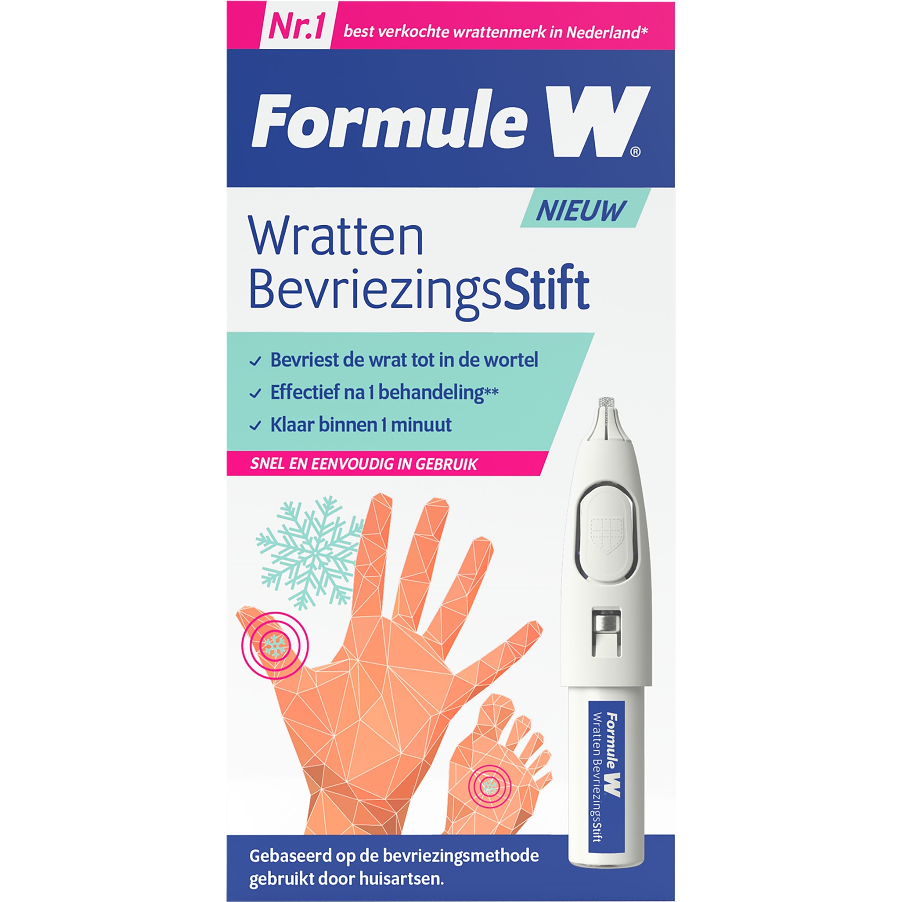 Formule W Wratten bevriesstift 15ml for body care, shown in a compact bottle with applicator tip for soothing skin treatment.