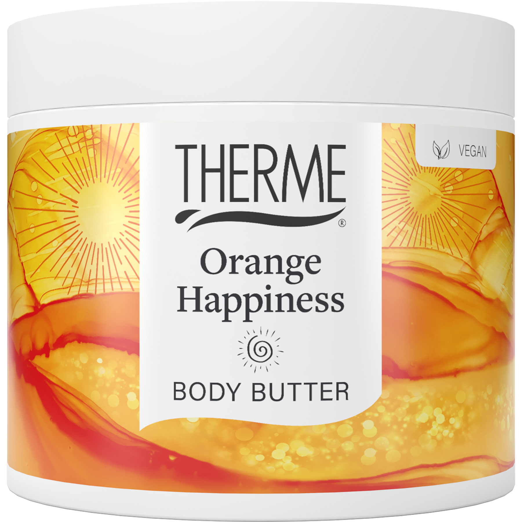 Therme Orange Happiness body butter 225g, creamy body moisturizer with orange scent, in a jar with a smooth texture.