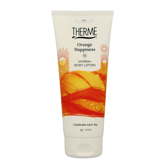 Therme Orange Happiness body lotion 200ml bottle with orange and white packaging, showcasing smooth lotion texture.