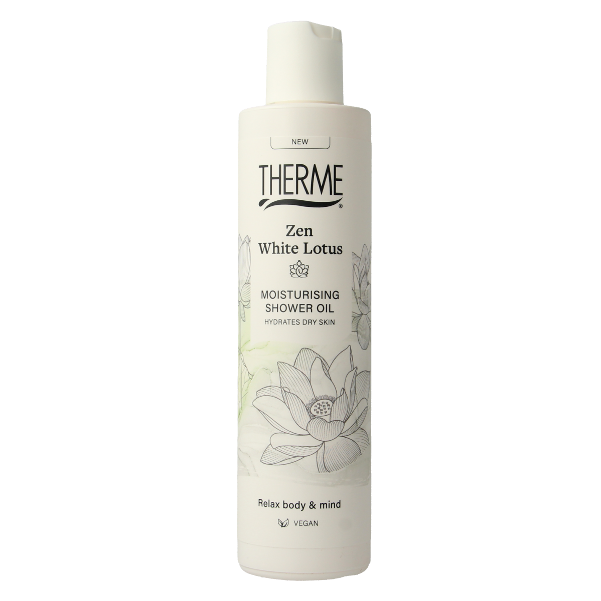 Therme Zen white lotus moisturizing shower oil in 250ml bottle, gentle Bad en Douche for soft skin and calming scent.
