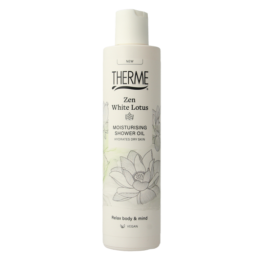 Therme Zen white lotus moisturizing shower oil in 250ml bottle, gentle Bad en Douche for soft skin and calming scent.