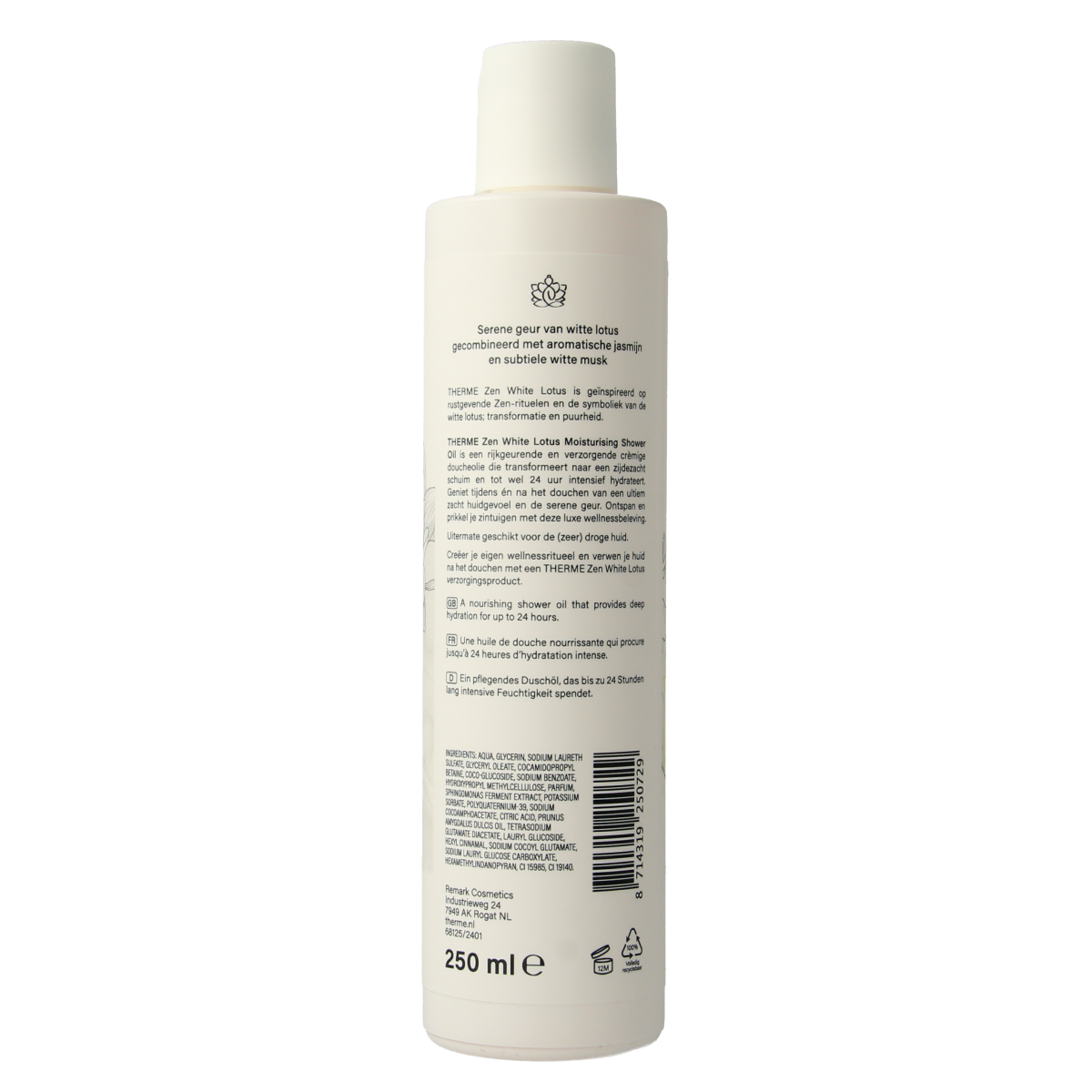 Therme Zen white lotus moisturizing shower oil in a 250ml bottle, designed for a nourishing bath and shower experience
