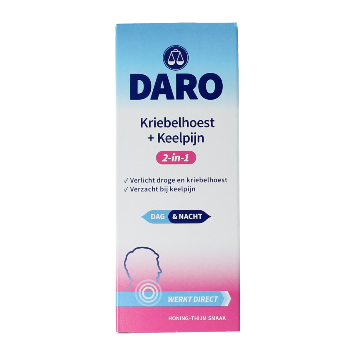 Daro 2-in-1 Kriebelhoest and keelpijn syrup bottle, 150ml, for soothing cough and sore throat relief.