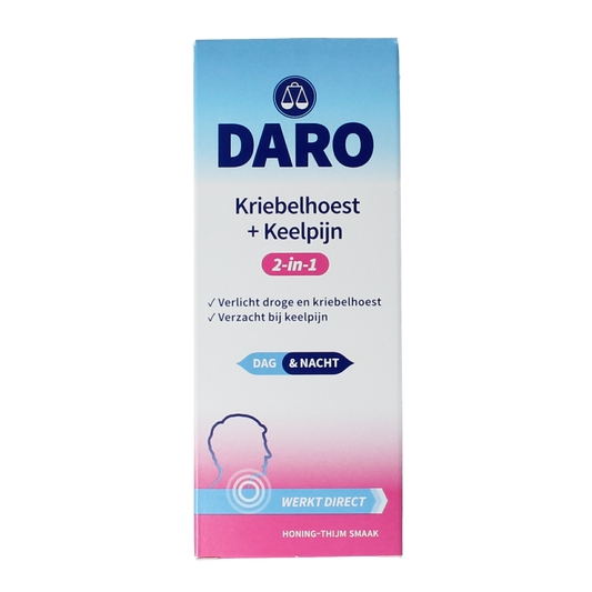 Daro 2-in-1 Kriebelhoest and keelpijn syrup bottle, 150ml, for soothing cough and sore throat relief.