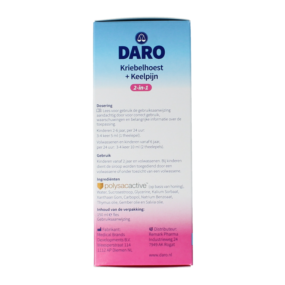 Daro 2-in-1 Kriebelhoest en keelpijn hoestsiropen bottle, 150ml, with label showing product details and branding.