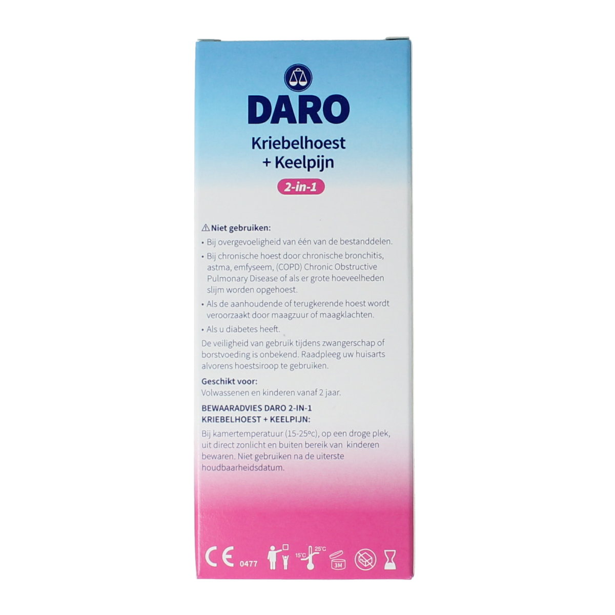 Daro 2-in-1 Kriebelhoest en Keelpijn hoestsiropen bottle, 150ml, showing the product label and packaging.