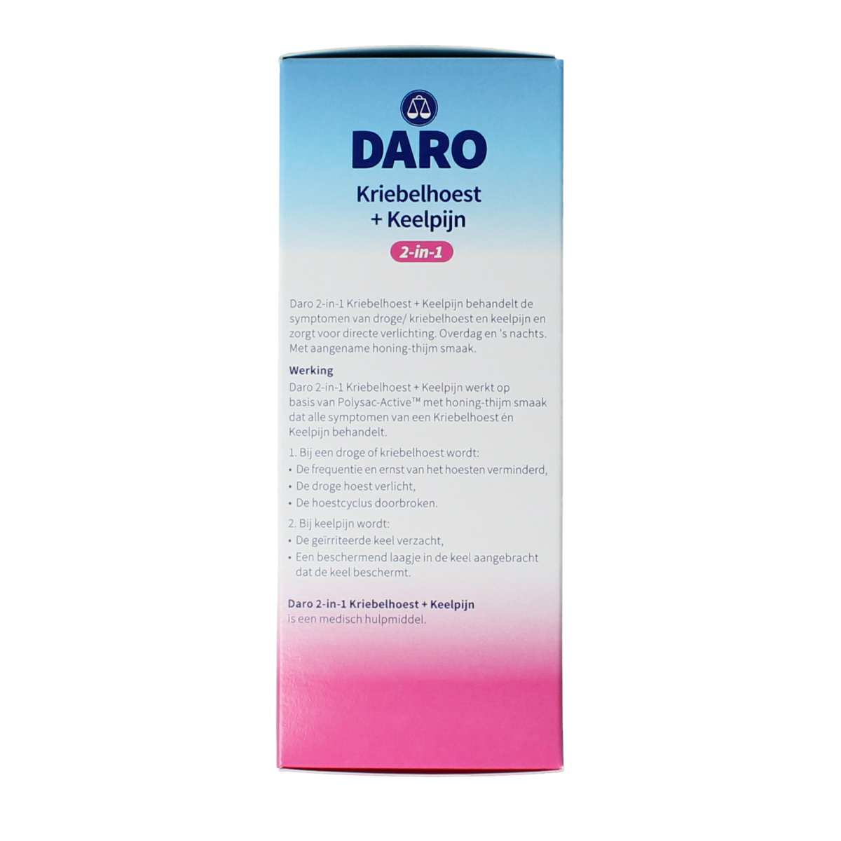Daro 2-in-1 Kriebelhoest en Keelpijn hoestsiropje in 150ml bottle, with label showing product details and brand logo.