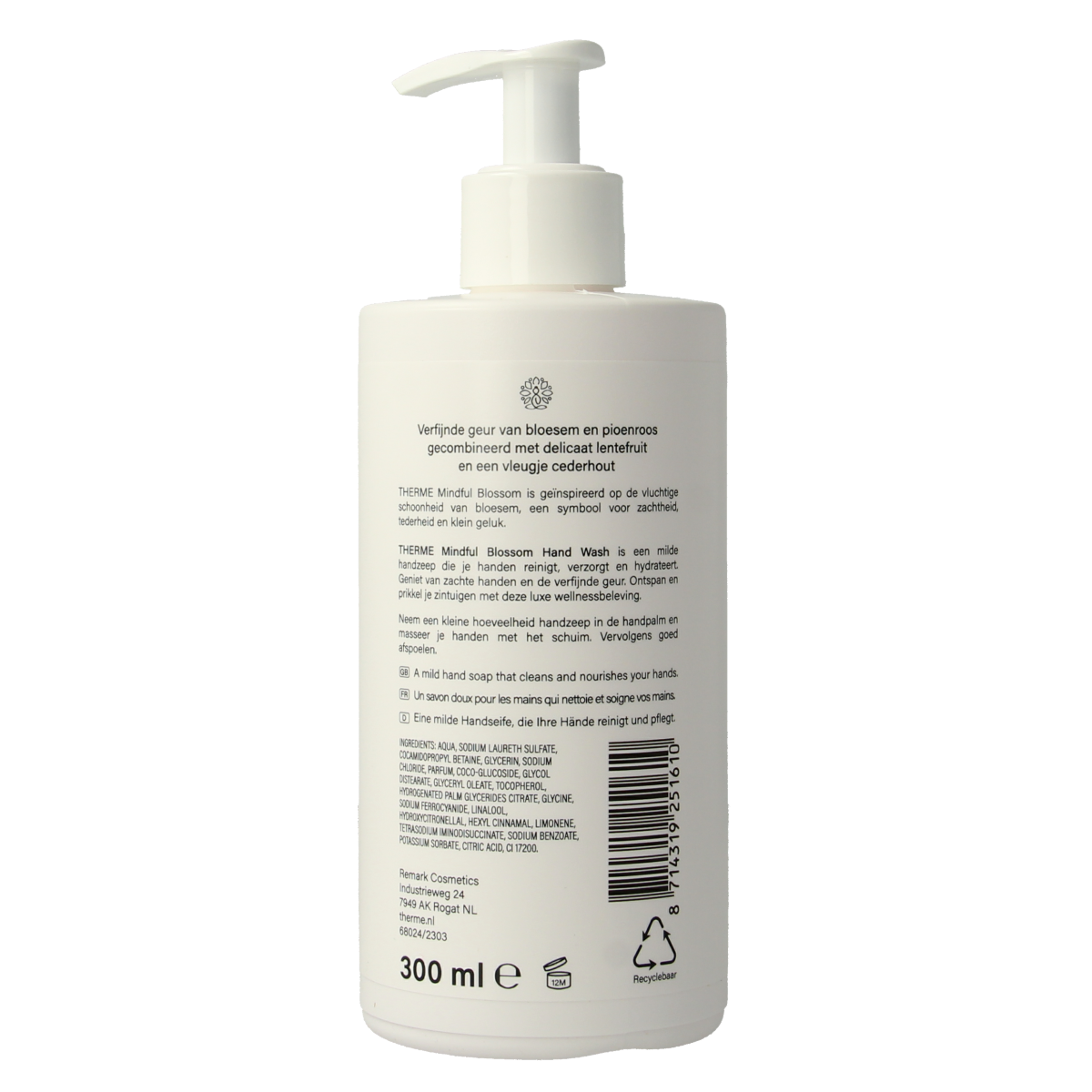 Therme Mindful Blossom handwash bottle, 300ml, with floral label and elegant design for hand skincare.
