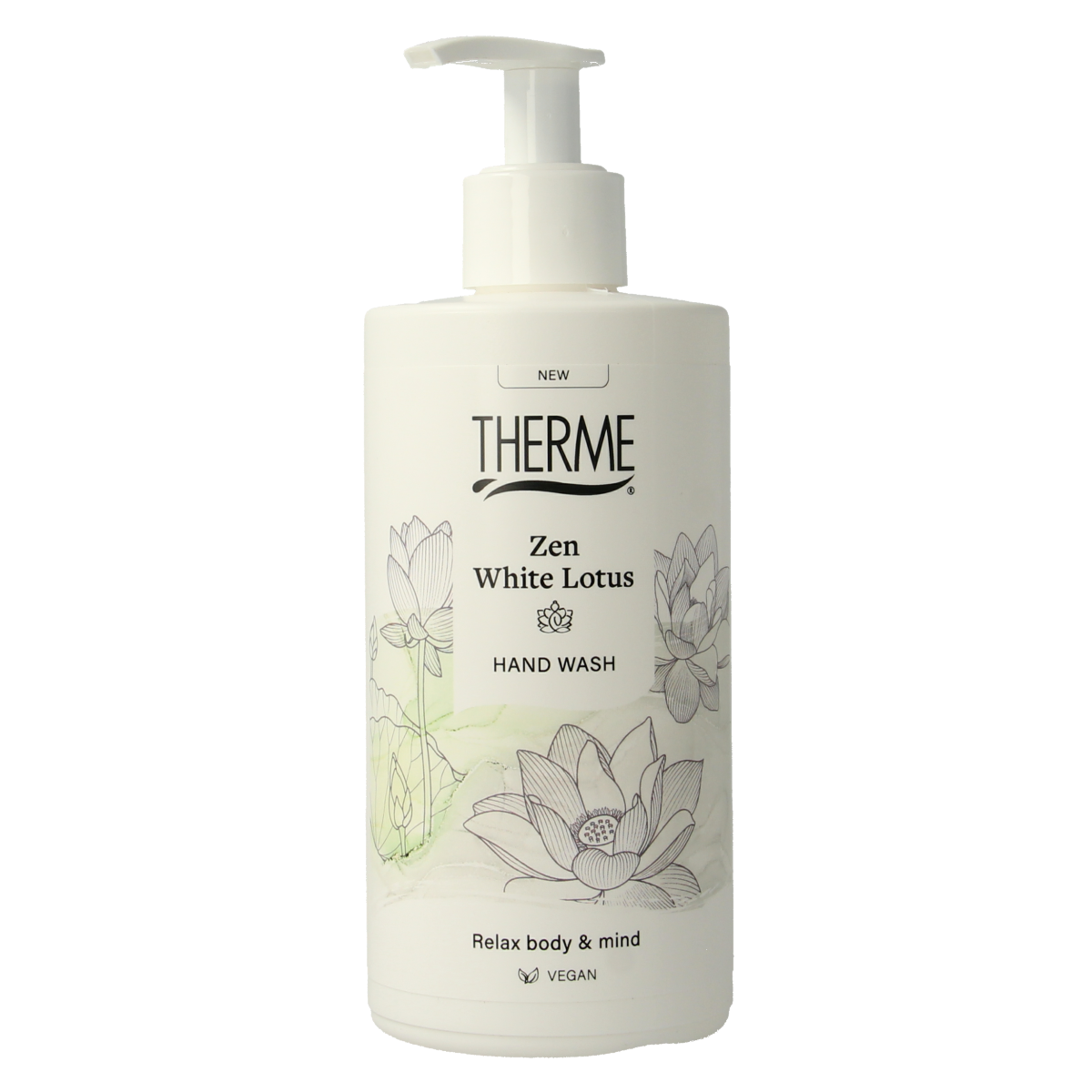 Therme Zen white lotus handwash bottle with 300ml capacity, featuring a sleek white design and label showing white lotus flower.