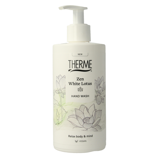 Therme Zen white lotus handwash bottle with 300ml capacity, featuring a sleek white design and label showing white lotus flower.