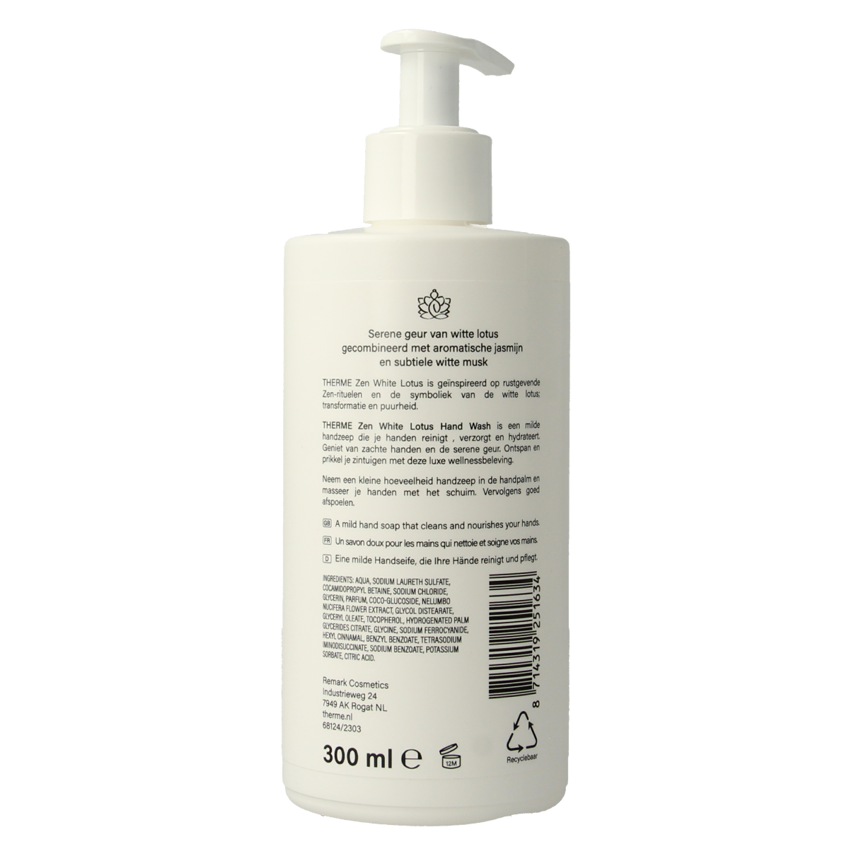 Therme Zen white lotus handwash bottle, 300ml, with a clean white label and elegant design for hand skincare.