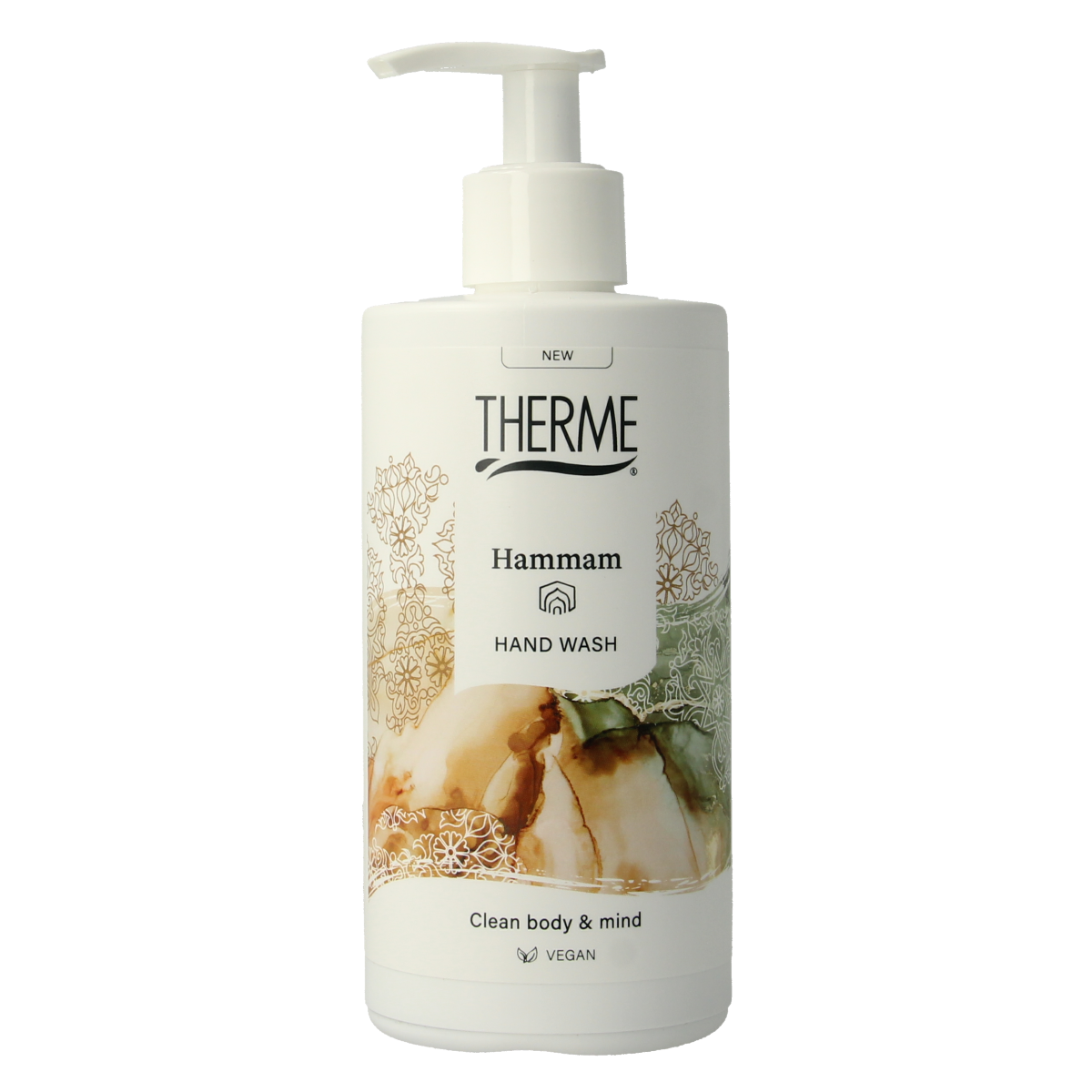 Therme Hammam handwash 300ml bottle, hand care product with a white and blue label, designed for gentle skin cleansing