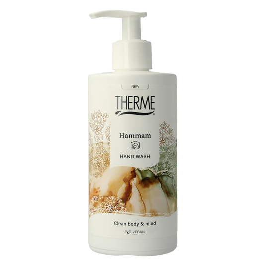 Therme Hammam handwash 300ml bottle, hand care product with a white and blue label, designed for gentle skin cleansing