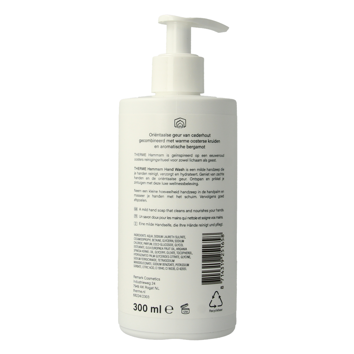 Therme Hammam handwash 300ml bottle with label, featuring a clean, natural handcare product for gentle skin cleansing.