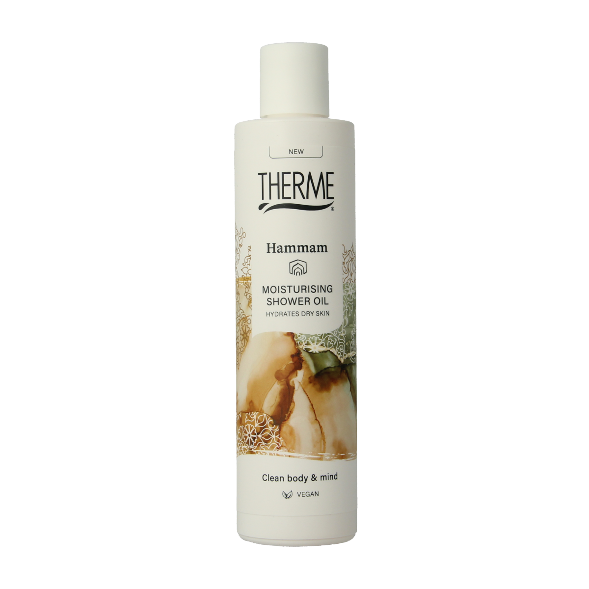 Therme Hammam moisturising shower oil in a 250ml bottle, ideal for nourishing and hydrating skin during bath or shower.
