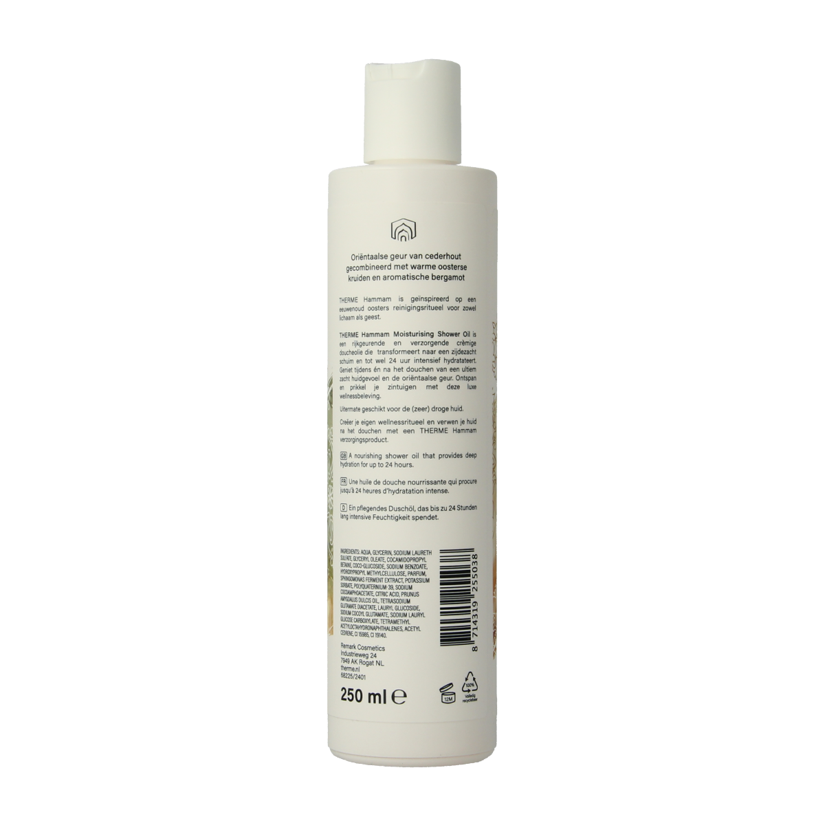 Therme Hammam moisturising shower oil in 250ml bottle, showing the product with elegant packaging and label.