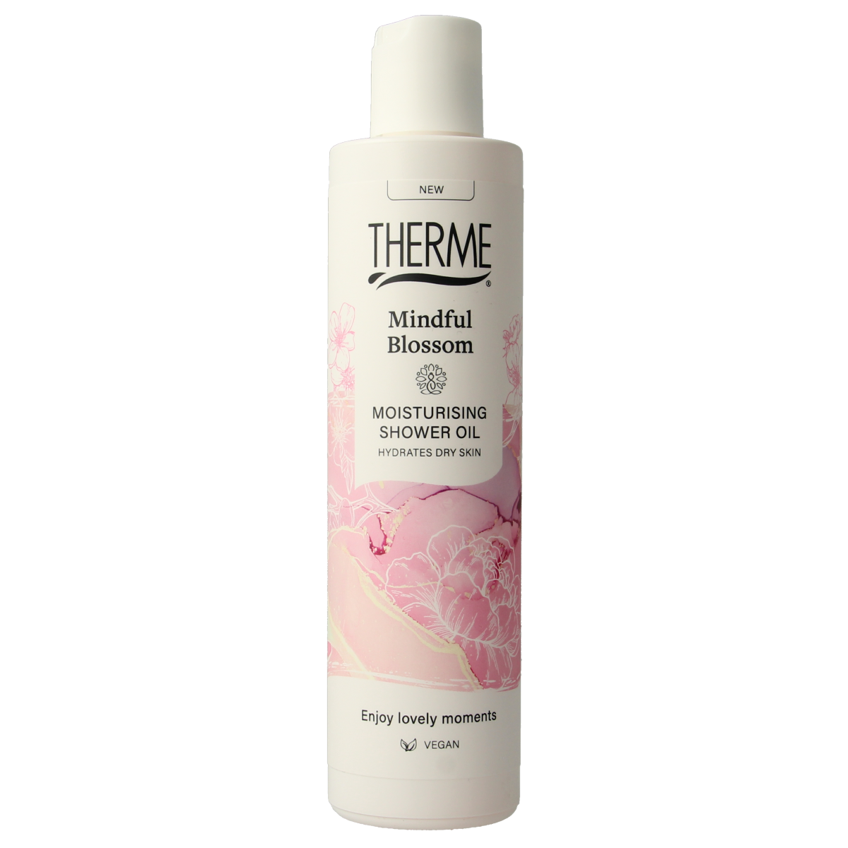 Therme Mindful Blossom moisturizing shower oil in 250ml bottle, gentle cleanser with floral scent for soft skin.