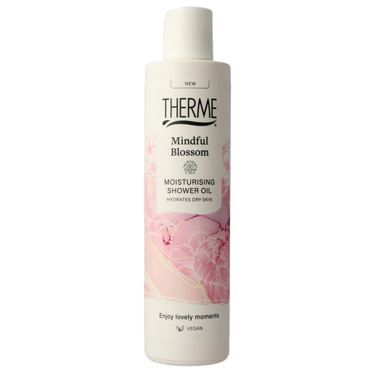 Therme Mindful Blossom moisturizing shower oil in 250ml bottle, gentle cleanser with floral scent for soft skin.