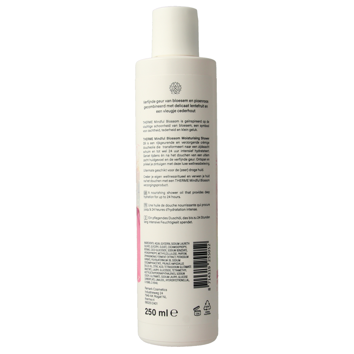 Therme Mindful Blossom moisturizing shower oil in a 250ml bottle, suitable for relaxing bath and shower routines.
