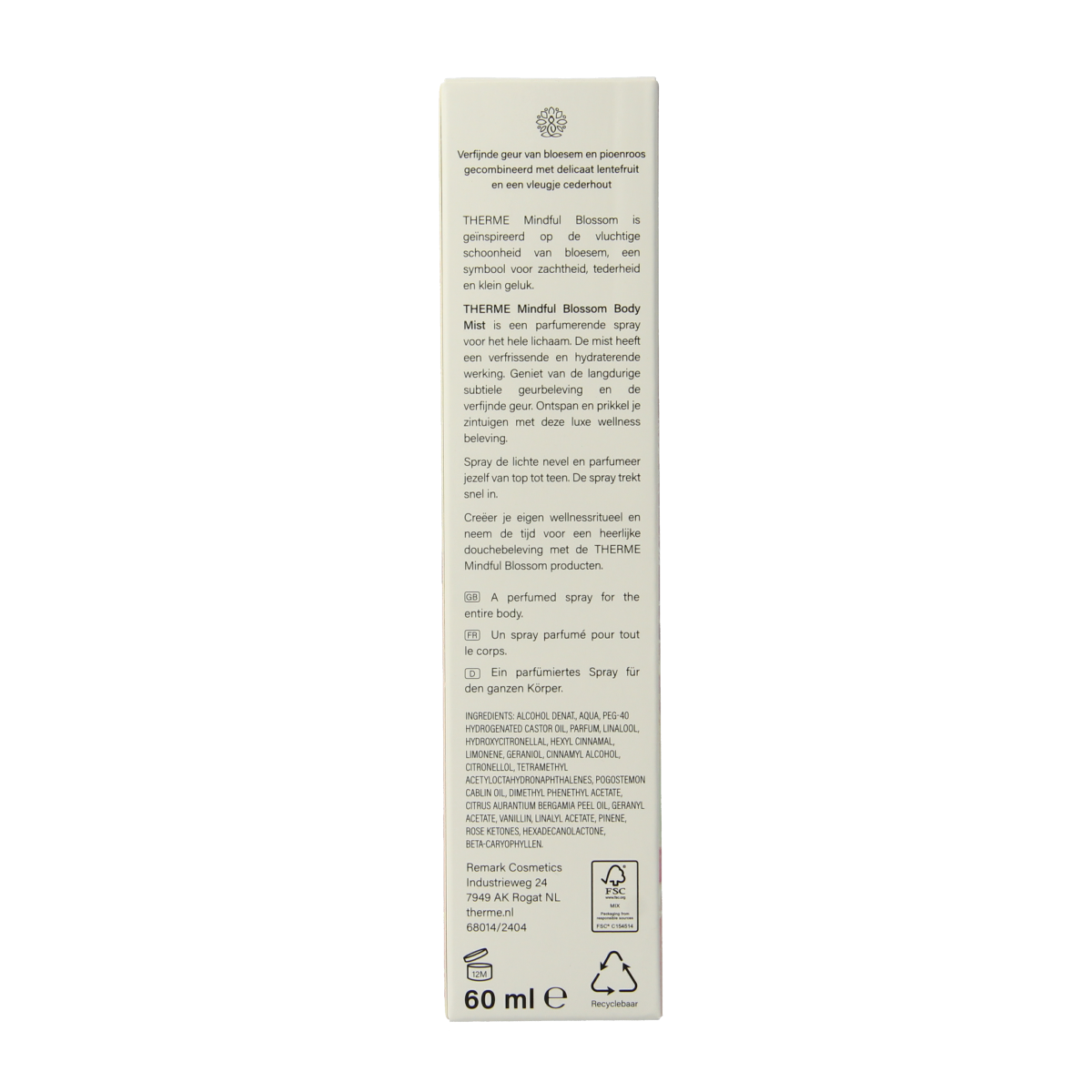 Therme Mindful Blossom Body Mist in 60ml bottle, featuring floral scent and lightweight body spray for refreshing skincare.