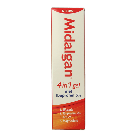 Midalgan 4-in-1 gel with 5% ibuprofen for muscle and joint care, 100 grams, soothing topical pain relief cream.