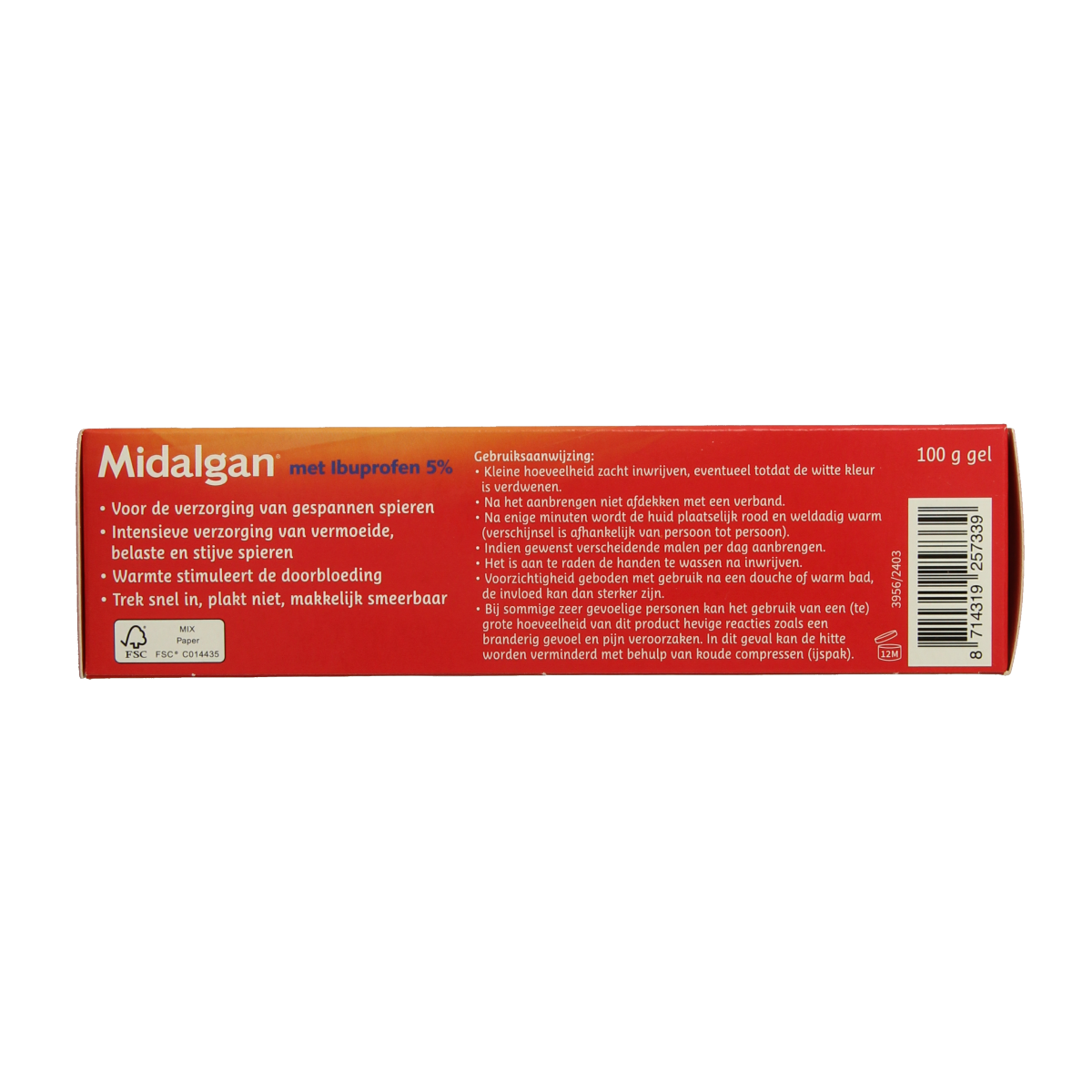 Midalgan 4-in-1 gel with 5% ibuprofen for muscle and joint care, 100 grams, in a tube showing its label and packaging.