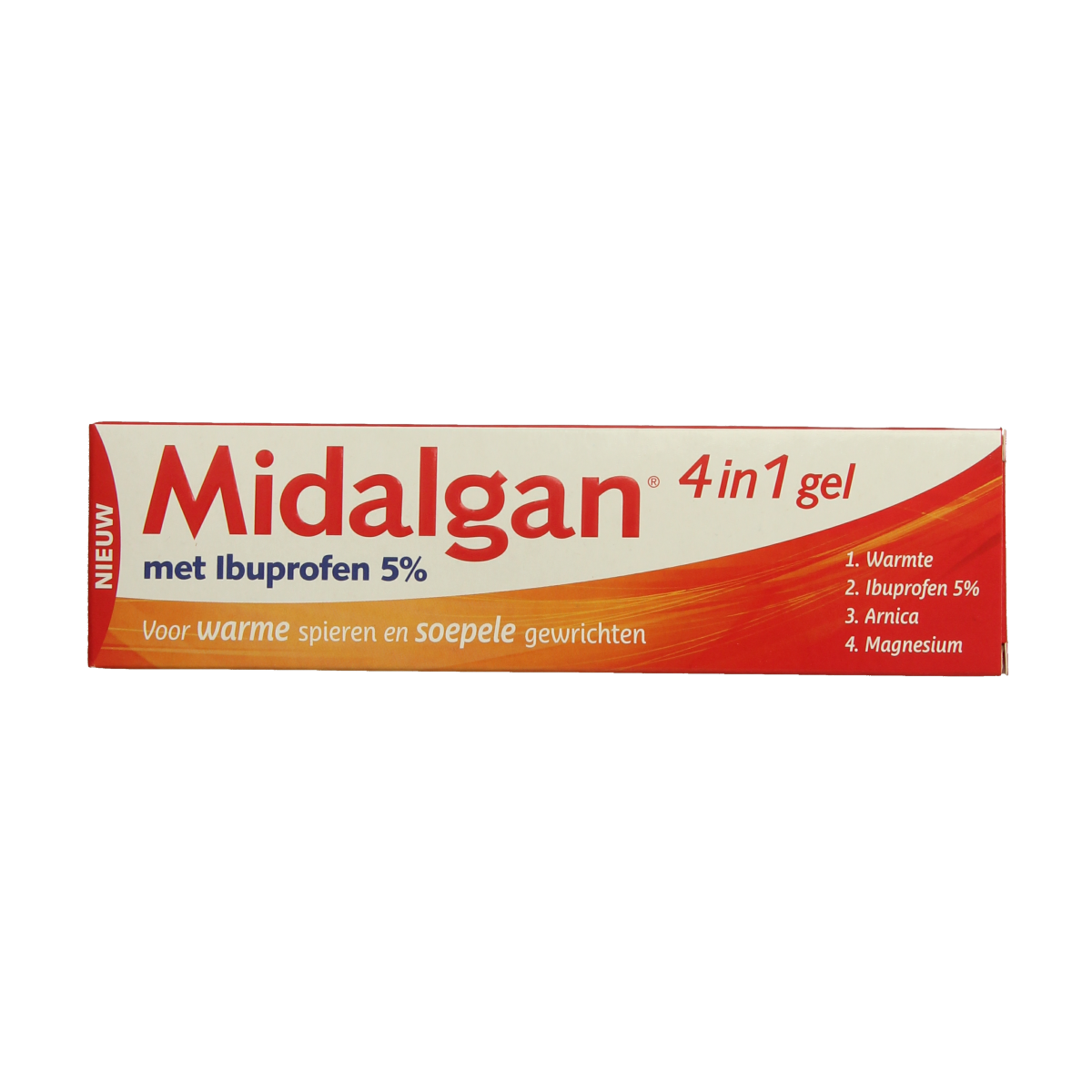 Midalgan 4-in-1 gel with 5% ibuprofen for muscle and joint care, shown in 100g tube on a white background.