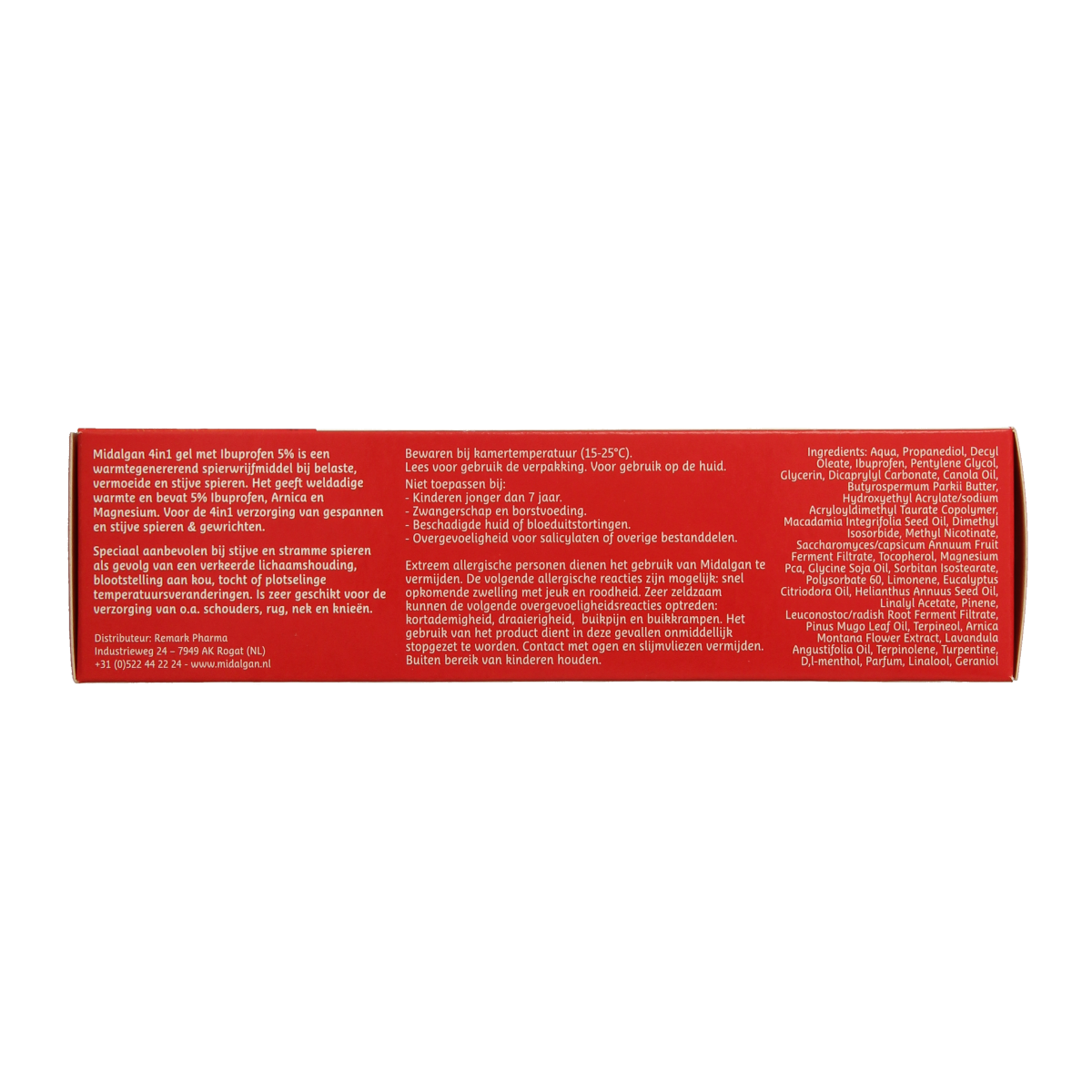 Midalgan 4-in-1 gel with 5% ibuprofen for muscle and joint care, 100g tube, top view showing product packaging