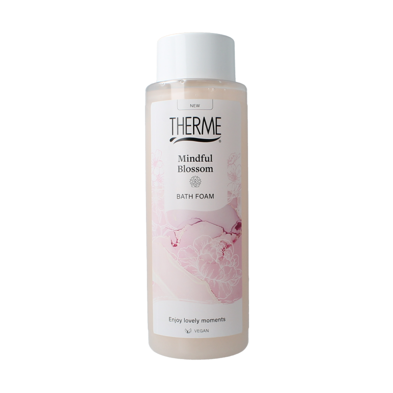Therme Mindfull blossom bath foam in a 500ml bottle, suitable for bath and shower, with floral design on the label.