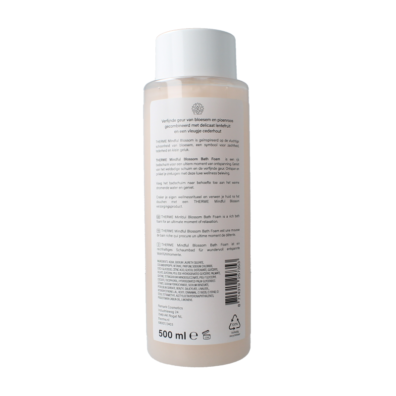 Therme Mindfull blossom bath foam bottle for bath and shower, 500ml, with floral label and pump dispenser.