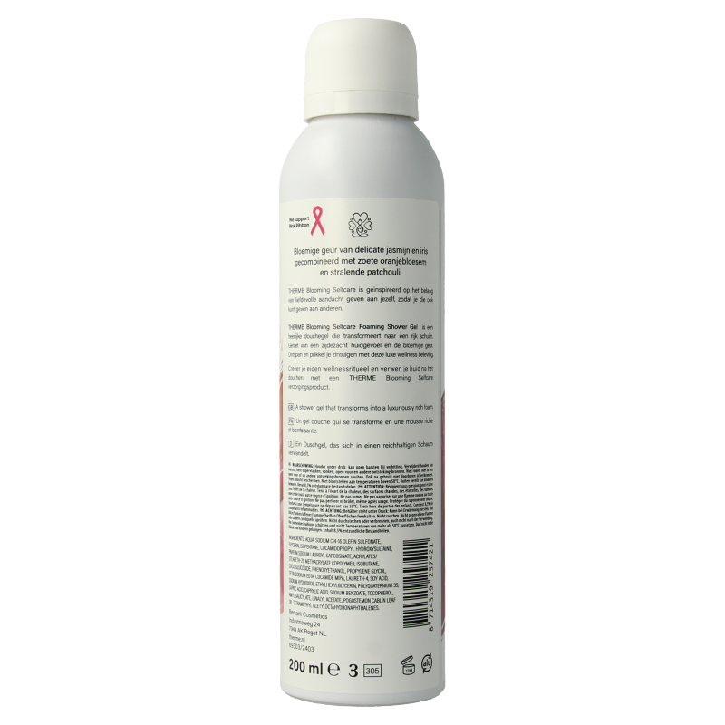 Therme blooming self-care foaming shower gel in a 200ml bottle, designed for luxurious bath and shower use.